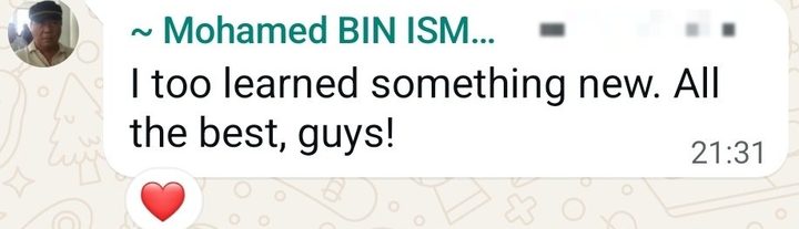 WhatsApp message from Mohamed: “I too learned something new. All the best, guys!”