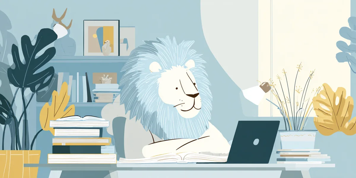 Illustration of a lion studying at a desk with a laptop and books