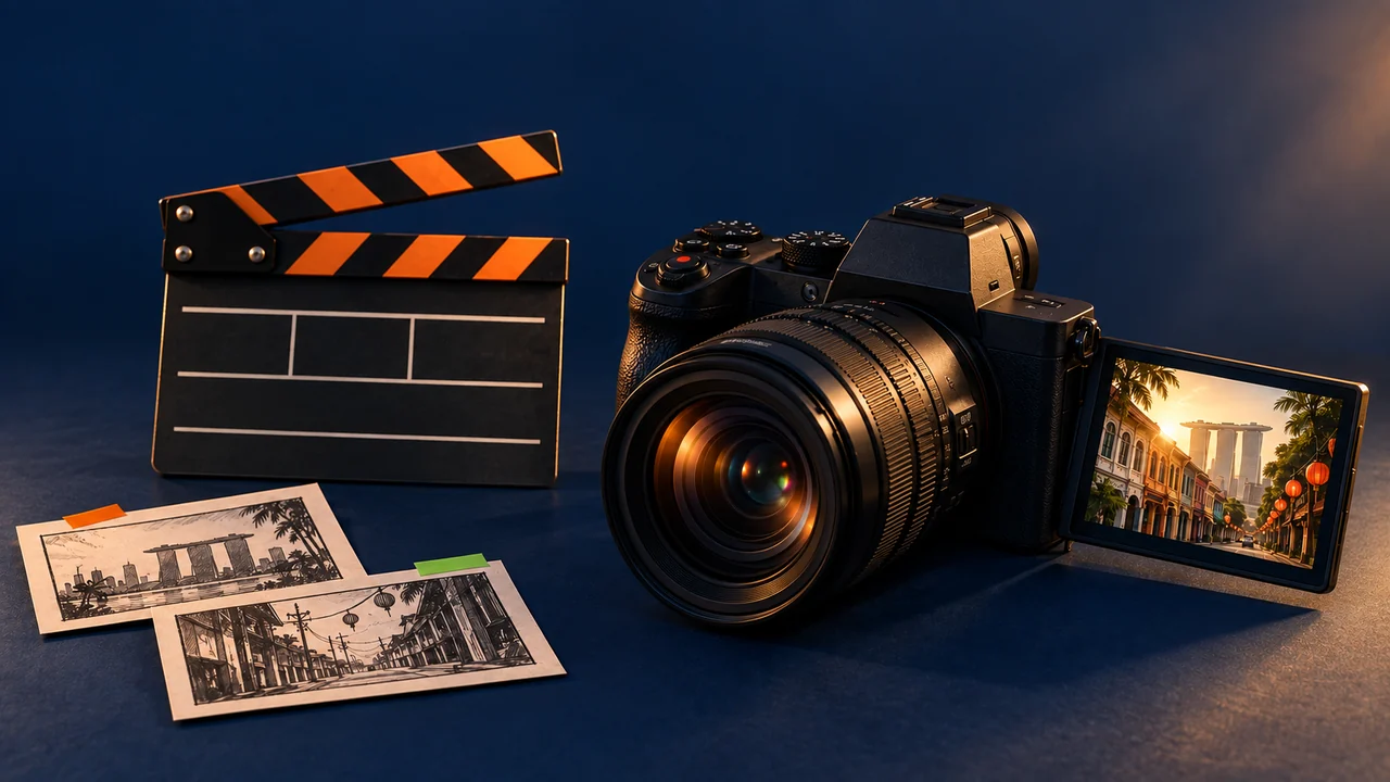 Filmmaking concept: a camera, clapperboard and Singapore storyboards