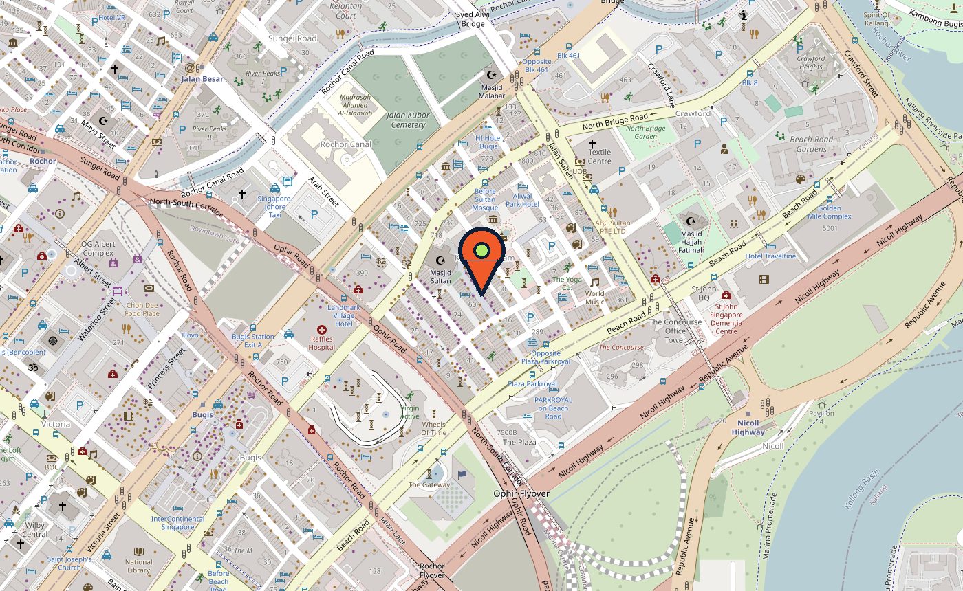 Map of Kampong Glam with a pin on 39A Bussorah Street, next to Masjid Sultan